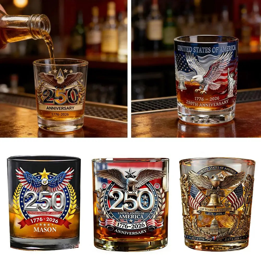 Whiskey Patriotic Glass Hand Blown Eagle Glassware USA 250th Anniversary Rotating Cup Gift Idea