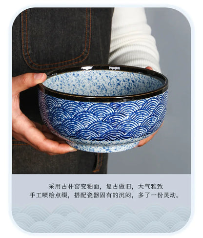 Wave Qinghai Noodle Bowl Hand Painted Vintage Ceramic Bowl