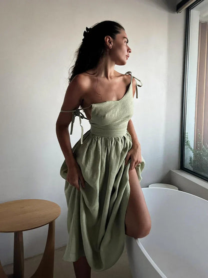 Elegant Summer Rug in Natural Linen and Cotton Blend, A-Line Design, Backless with Adjustable Straps, Ankle Length, Machine Washable-1