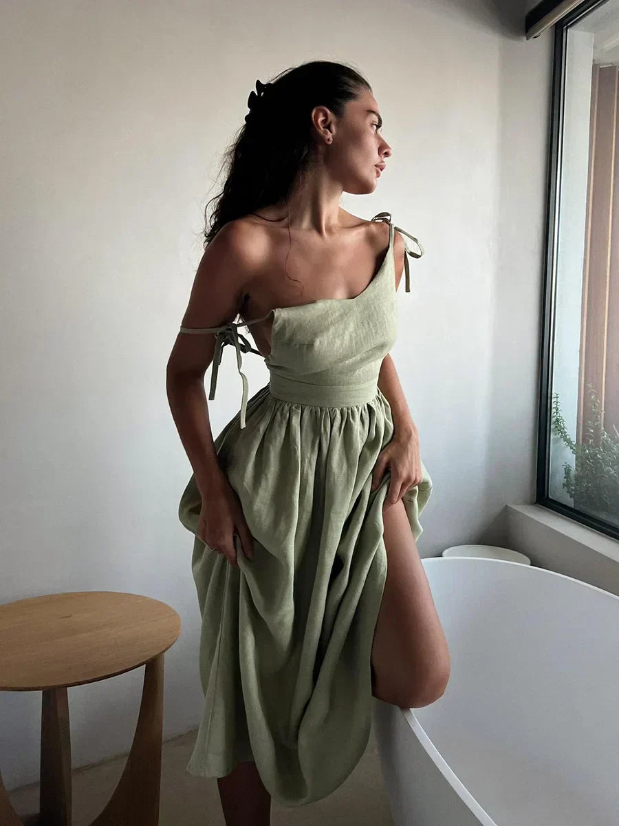 Variant image for Elegant Summer Rug in Natural Linen and Cotton Blend, A-Line Design, Backless with Adjustable Straps, Ankle Length, Machine Washable-1