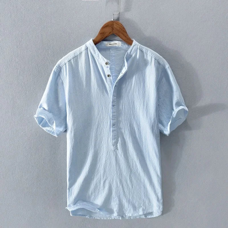Cotton Breathable Linen Shirt High End Loose Fit, Short Sleeves Half-Open Collar