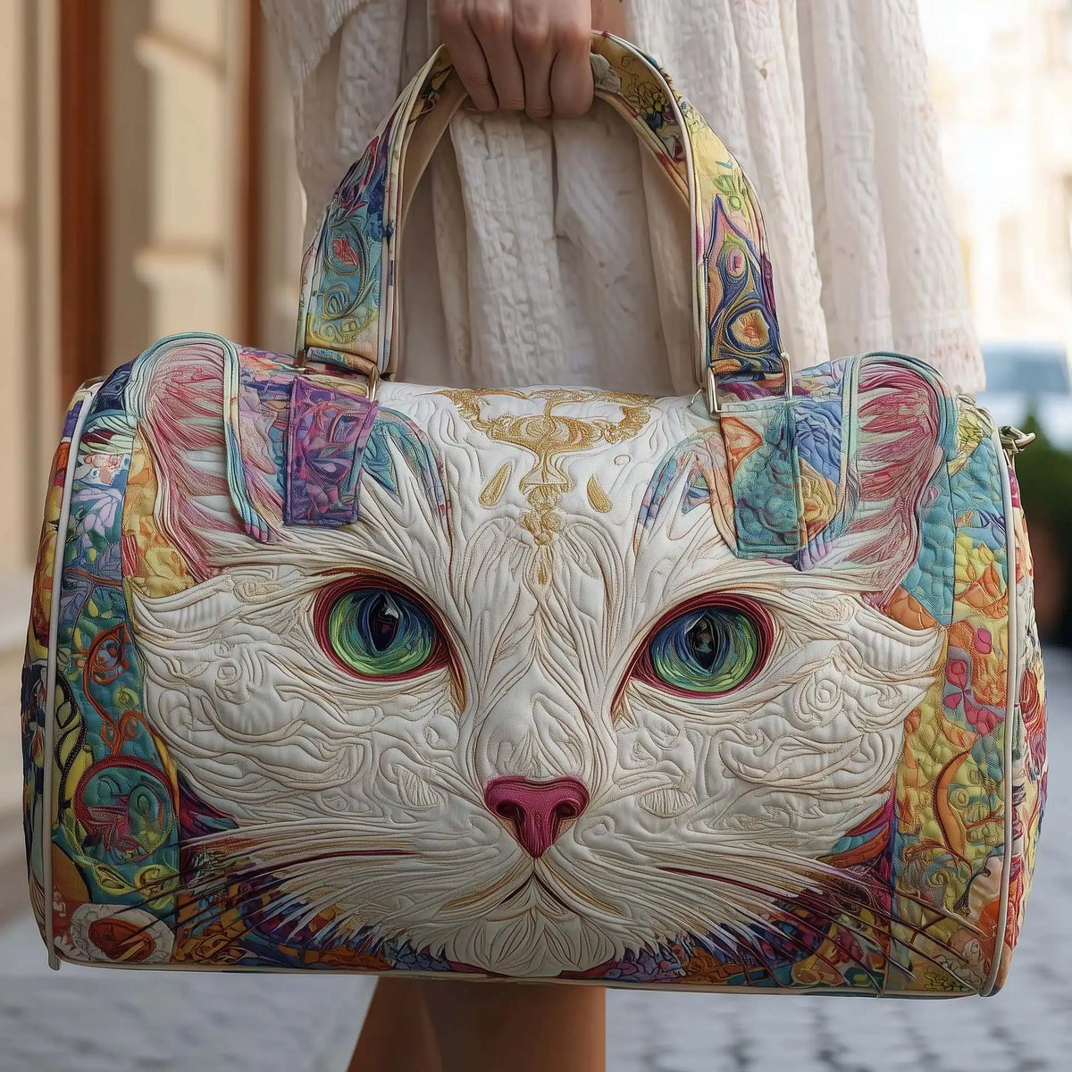 Plush Unisex Travel Tote - Quilted, Cat-Embroidered Fabric, For Beach, Hiking, Camping
