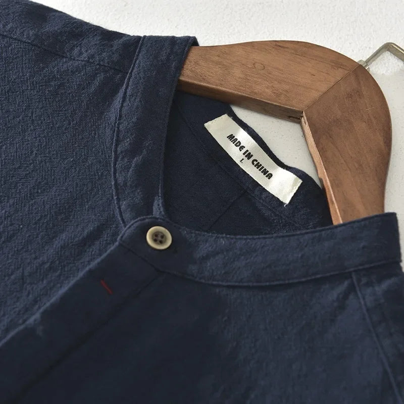 Cotton Breathable Linen Shirt High End Loose Fit, Short Sleeves Half-Open Collar