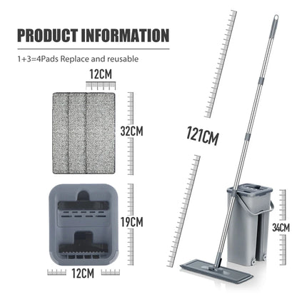 Household Cleaning Hand-Free Flat Floor Mop & Bucket Kit with Washable Microfiber 4x Pads