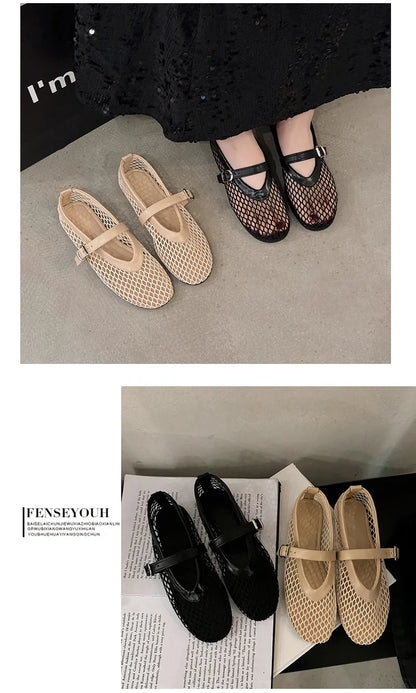 Women Breathable Mesh Ballet Flats - Strappy Round Toe