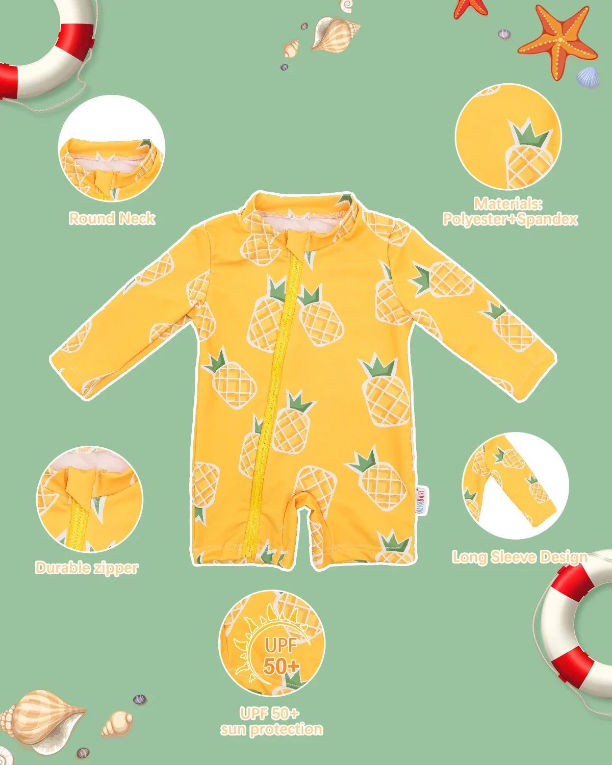 unisex Breathable long-sleeve rash guard - one-piece swimsuit, UPF 50+, pineapple print, for babies and toddlers