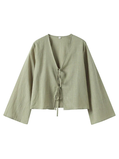 Variant image for Stylish Long Sleeve Blouse with Openwork V-Neck and Lacing, Breathable Fabric for Spring Fashion-7