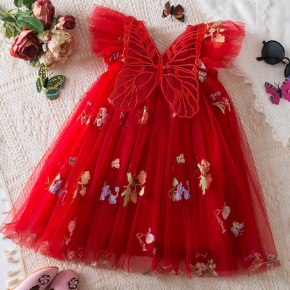 Light flowy girls' dress - knee-length tulle, floral print, polyester, for weddings