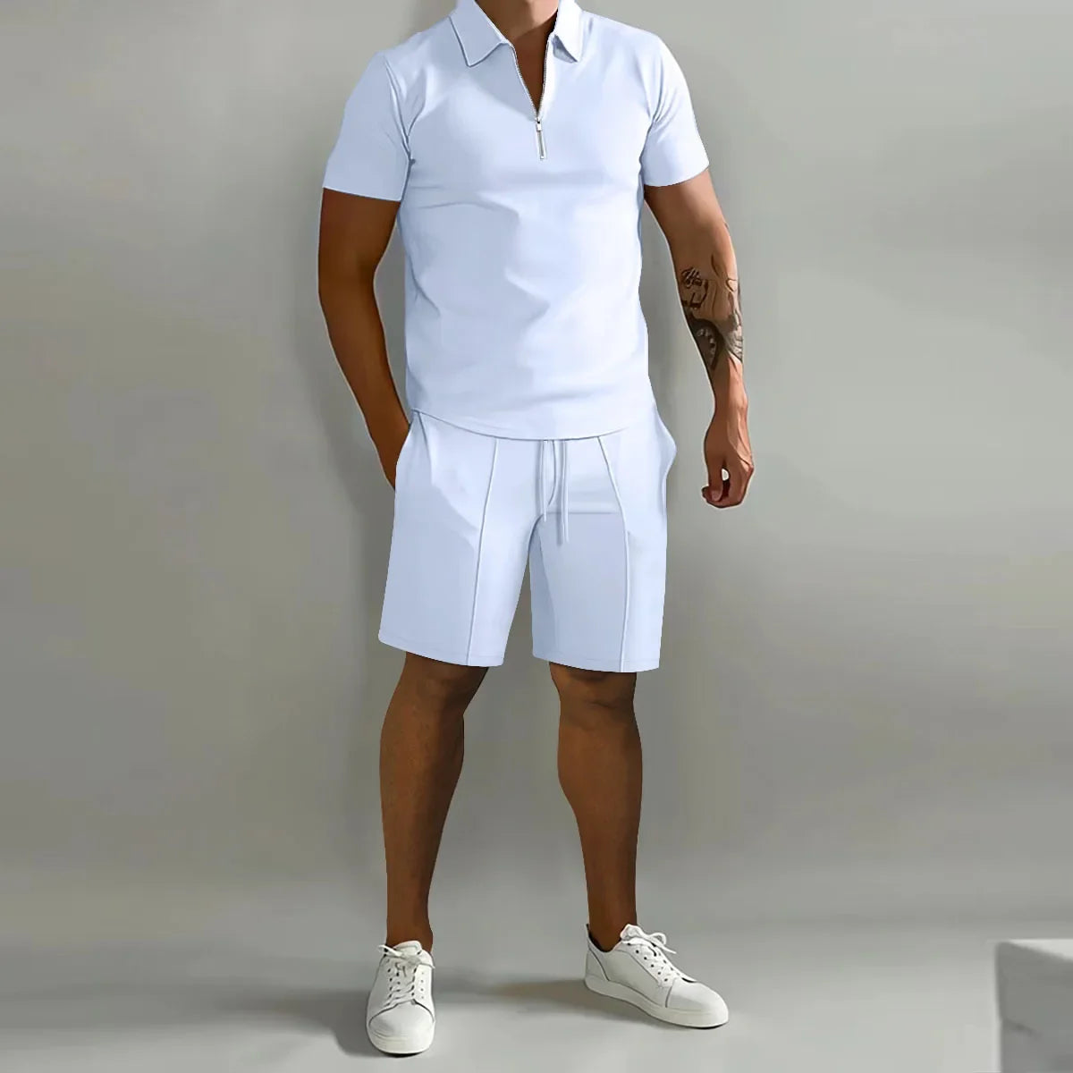 Solid Color Polo Shirt & Vertical Stripe Pants Kit - Casual Short Sleeve Sports Wear