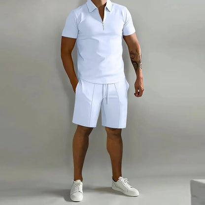 Solid Color Polo Shirt & Vertical Stripe Pants Kit - Casual Short Sleeve Sports Wear