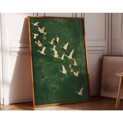 Wall Cranes Art Emerald Green Canvas With Gold Accents