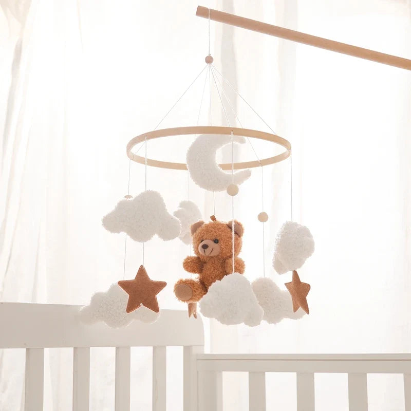 Crib Wooden Mobile Felt Bear Musical Newborn Sensory Toys