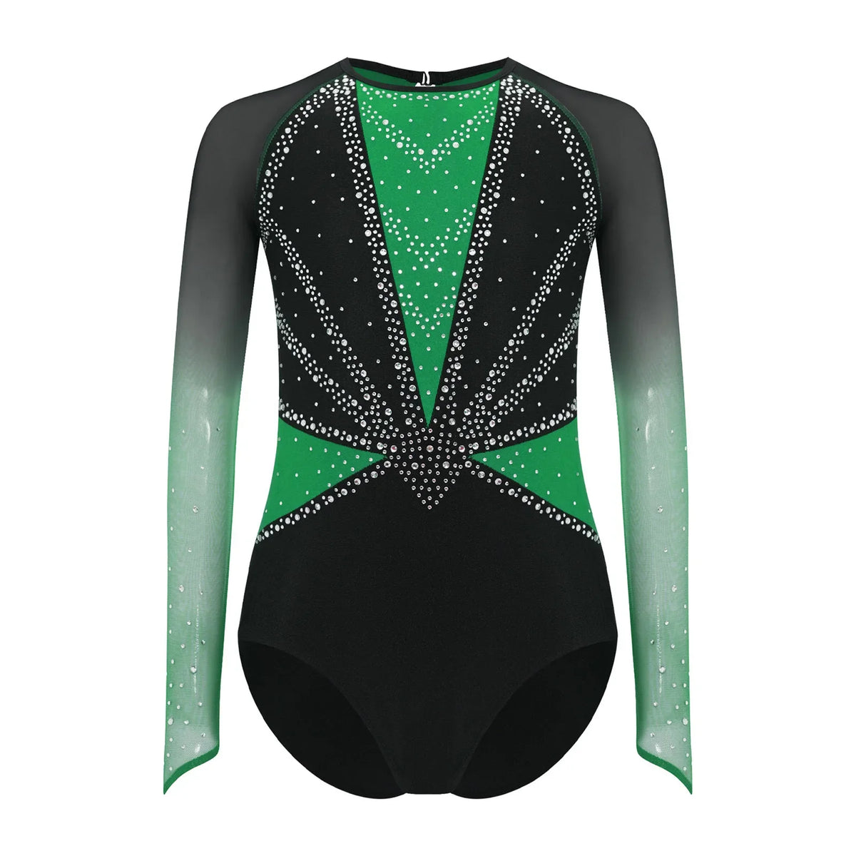 Girls' Stretchy Leotard - flattering, rhinestone-detailed, long-sleeve, mesh-panel, polyester elastane, for gymnastics