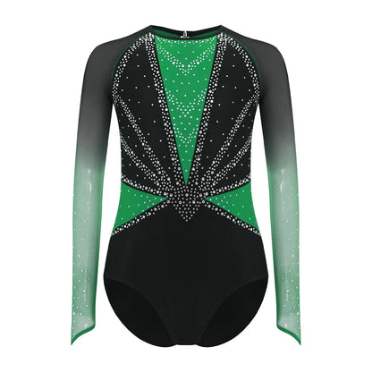 Girls' Stretchy Leotard - flattering, rhinestone-detailed, long-sleeve, mesh-panel, polyester elastane, for gymnastics
