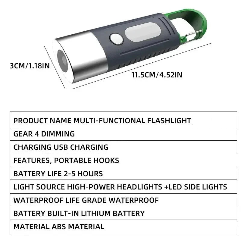Mini Handy High Power LED Flashlight - Water-Resistant Camping Light with Telescopic Zoom and Side Lights