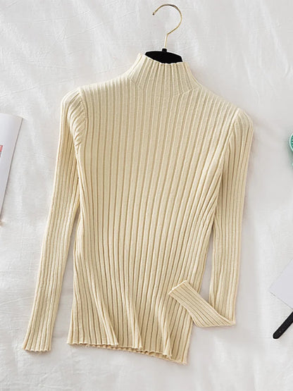 Flattering Stretchy Women Ribbed Sweater - Mock Neck, Knit