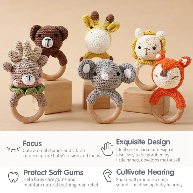 Bear Crochet Teether Rattle Ring Newborn Sensory Toys