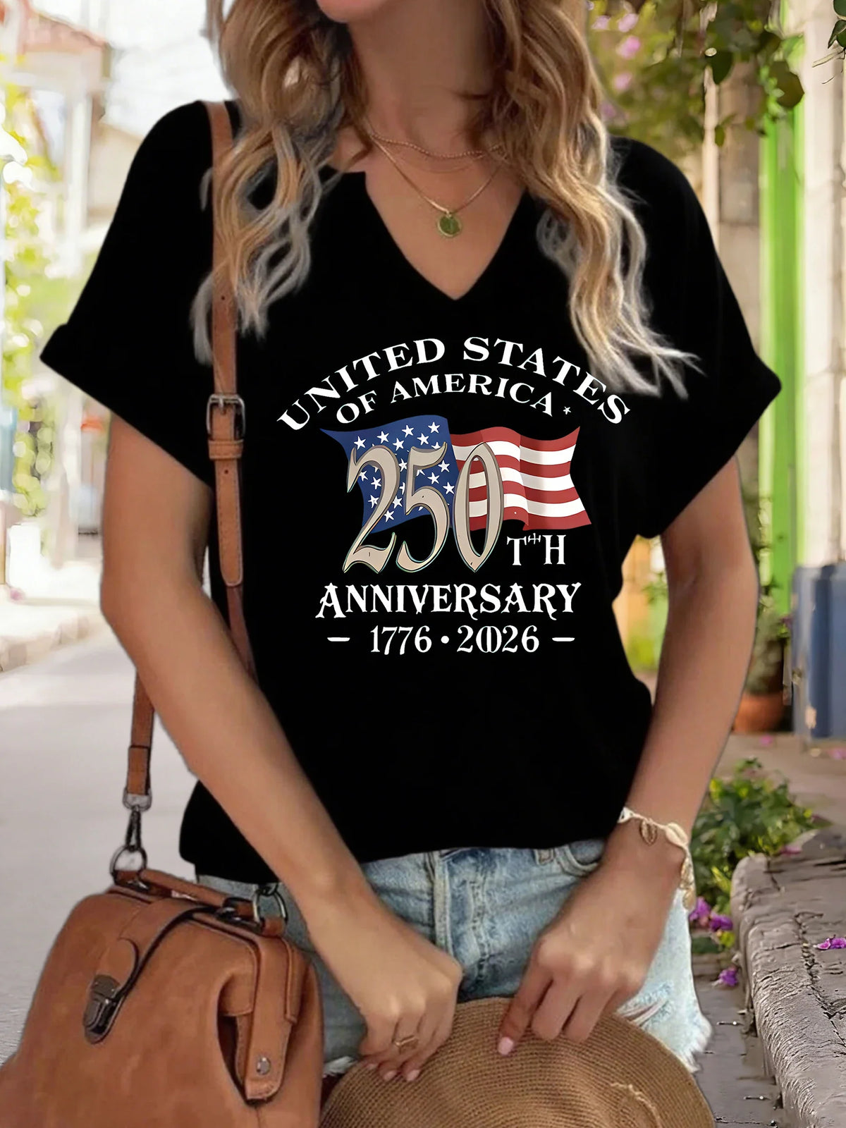 Plush women's graphic tee - V-neck, polyester-elastane blend, for USA 250th anniversary