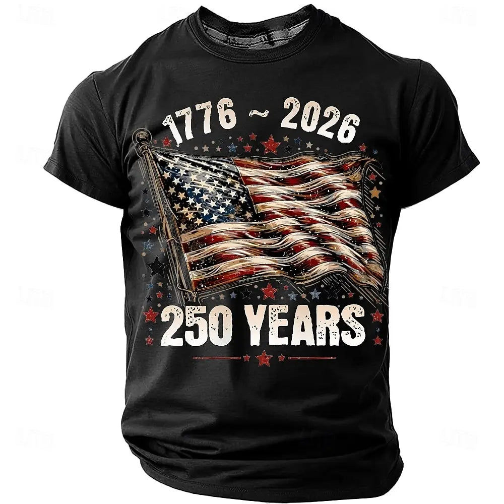 Plush unisex graphic tee - distressed flag print, 250-year design, durable cotton, casual everyday wear