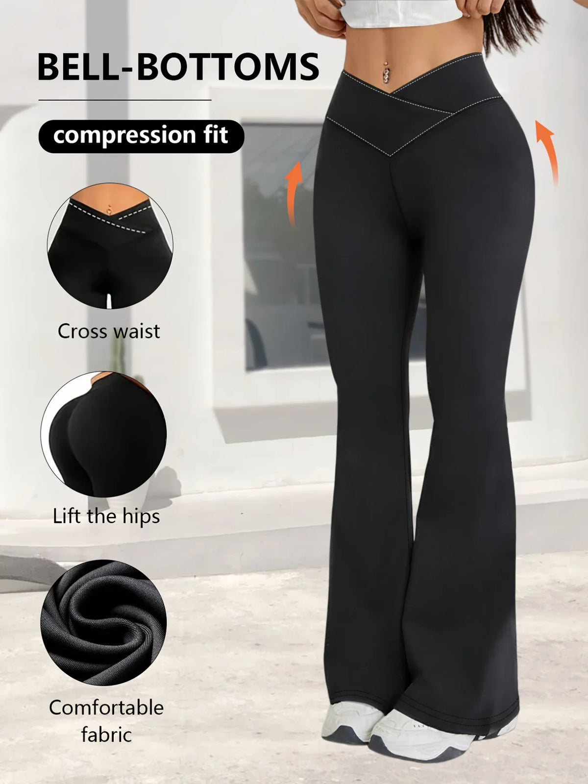flared hem cross-waist design, casual sports trousers – Relaxed women's high-waist wide-leg leggings