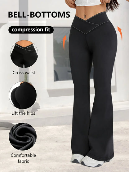 flared hem cross-waist design, casual sports trousers – Relaxed women's high-waist wide-leg leggings