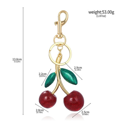 Cherry Red Keychain Bag Charm With Gold Leaf Lobster Clasp