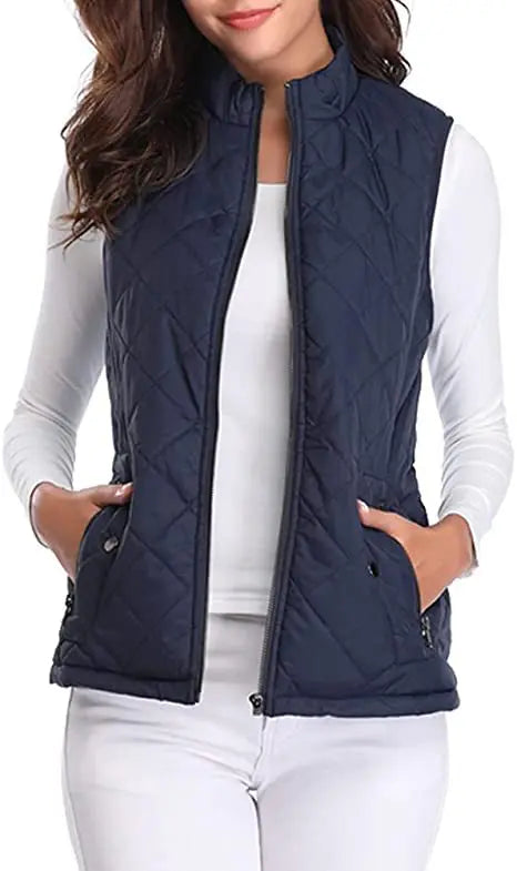 Light Women Quilted Vest - Stand Collar Cotton Winter