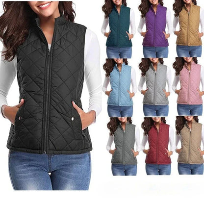 Light Women Quilted Vest - Stand Collar Cotton Winter
