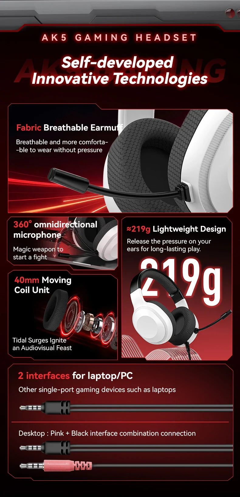 Gaming Headset Wired Light With Omnidirectional Mic