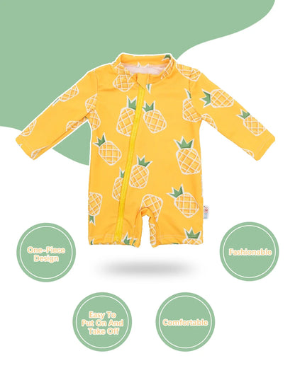 unisex Breathable long-sleeve rash guard - one-piece swimsuit, UPF 50+, pineapple print, for babies and toddlers