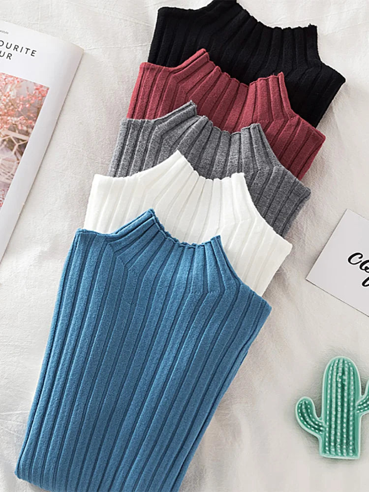 Flattering Stretchy Women Ribbed Sweater - Mock Neck, Knit