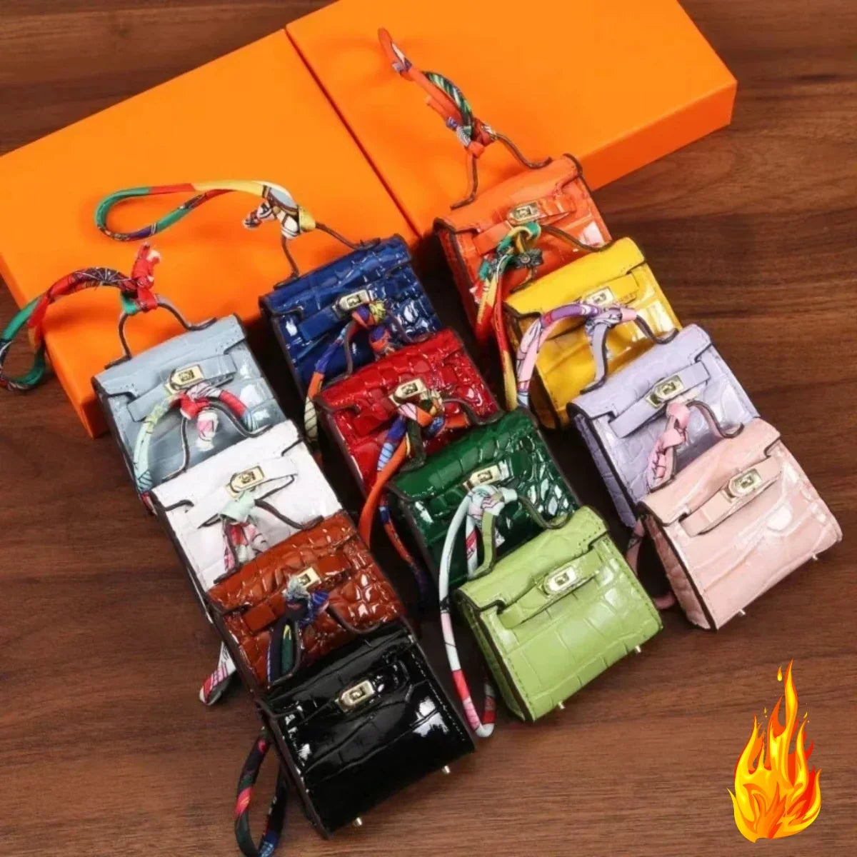Free 1+1 Birkin Inspired Mini Hand Bag - Crocodile Pattern Mini Bag Charm Keychain