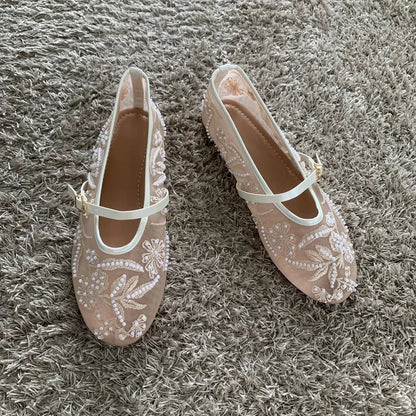 Women Breathable Ballet Flats - Mary Jane Mesh, Embroidered