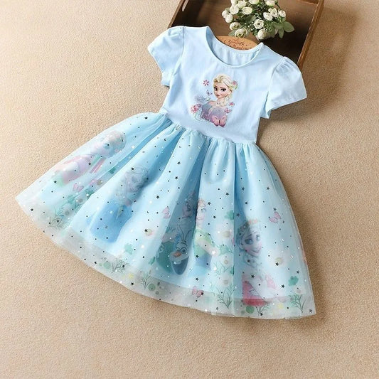 Light Girls' Dress - Short Sleeve, Knee-Length, Flowy, Cotton, Mesh, For Parties