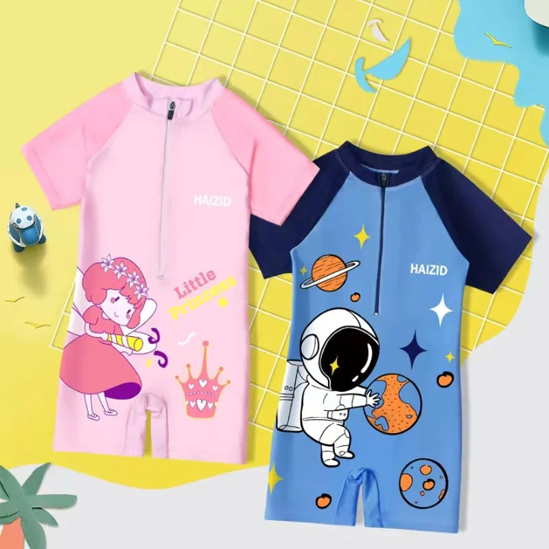 Fast-dry durable kids' one-piece swimsuit - cartoon print, polyester, for swimming