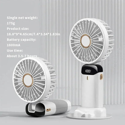 Hand-Held Mini Fan 3000mAh Travel-Friendly USB Battery-Powered Desk Fan 5 Speed Neck Hanging Outdoor Display Screen