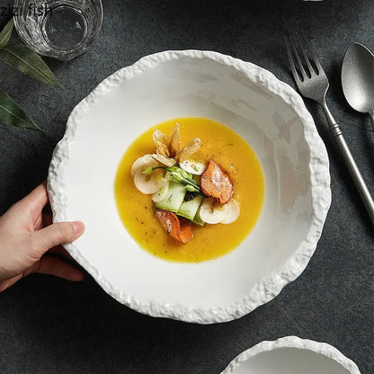 White Porcelain Rock Edge Soup Bowl Contemporary Tableware