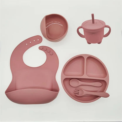 Baby Silicone Tableware Kit 8 Piece Suction Bowls Divided Plate Bib Spoon Fork Fall 2025 Self Feeding Aid