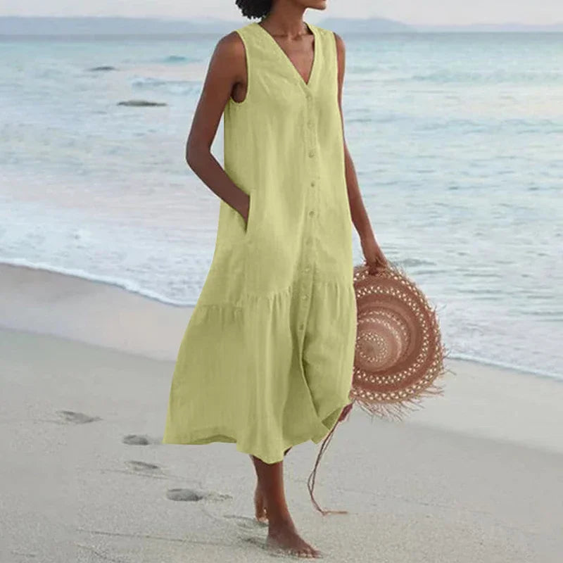 Loose Summer Casual Patchwork Cotton Linen Dress - V Neck Beach Style Midi for Women
