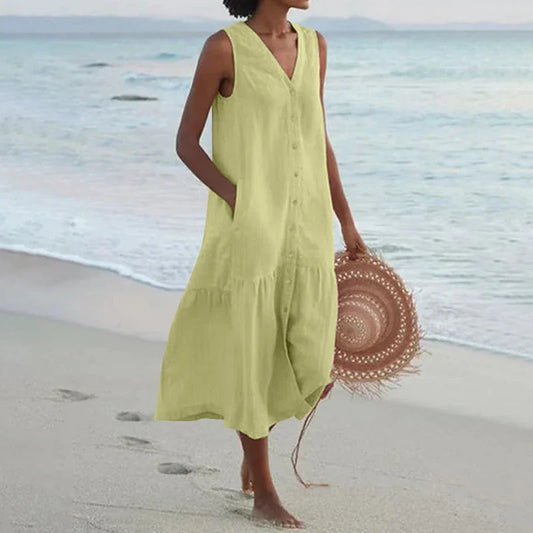 Loose Summer Casual Patchwork Cotton Linen Dress - V Neck Beach Style Midi for Women