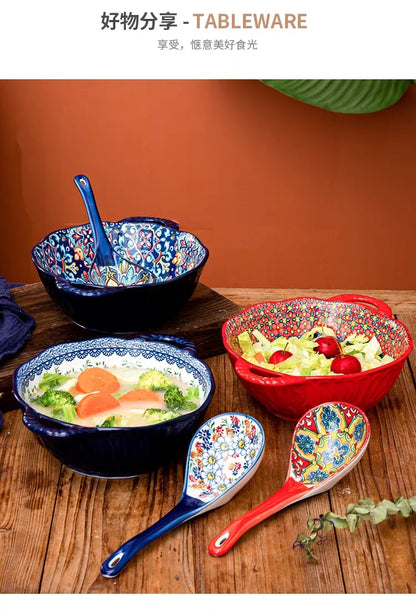 Soup Ceramic Bowl Bohemian Handle Embossed Microwave