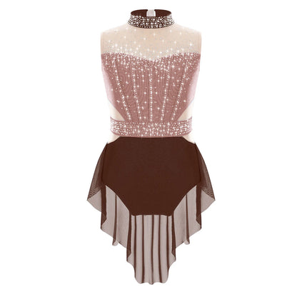 girls' Stretchy leotard - rhinestone mesh yoke, sleeveless, polyester, nylon, elastane, for lyrical dance performance
