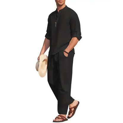 Men's Cotton Linen Shirt Two-Piece Kit Casual Henley Long Sleeve Vacation Beach Wear