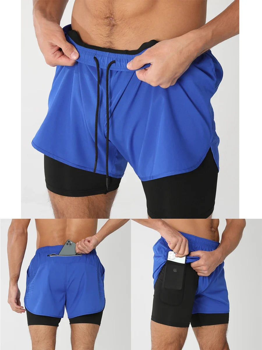 Fast-dry men's 2-in-1 running shorts - lightweight lined, polyester, for gym and summer training