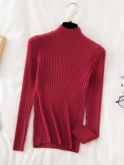 Flattering Stretchy Women Ribbed Sweater - Mock Neck, Knit
