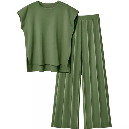 Sleeveless Round-Neck Knit Top, High-Waist Wide-Leg Trousers For Summer – Plush Relaxed Women’s Two-Piece Pant Kit