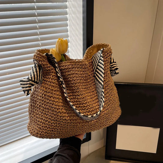 Straw2026 Edition Beach Bag - Large Capacity Woven Tote With Knot Shoulder Straps, Summer