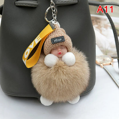 Sleeping Pompom Baby Keychain Plush Bag Charm Cute Gift
