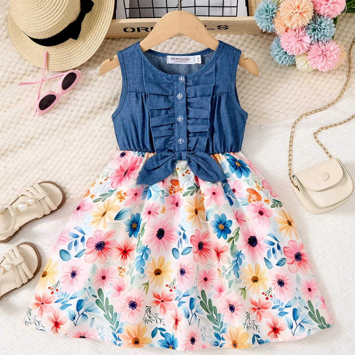girls' Breathable dress - lace-up sling, sleeveless, flowy, polyester, for summer