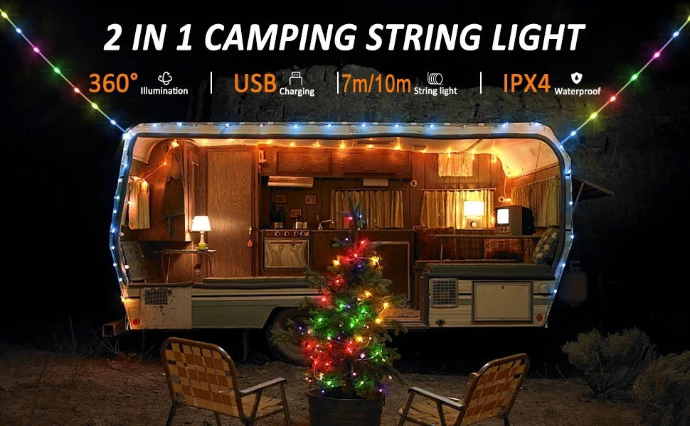 USB Battery-Powered Travel-Friendly Atmosphere Lantern Garden Tent Decor 2026 – 2-in-1 LED Reel Camping String Light